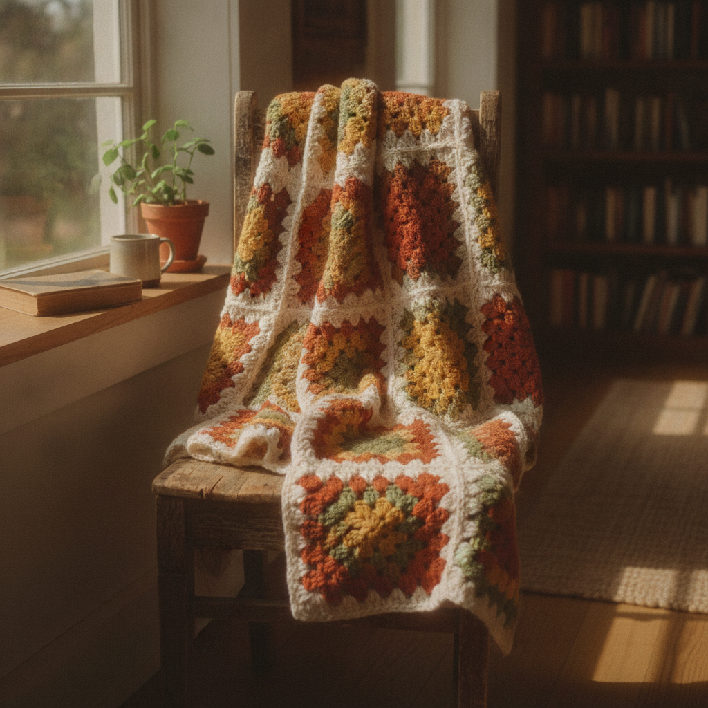 Granny-Square Throw in Ochre & Rust